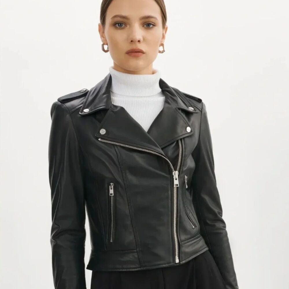 LAMARQUE Donna Asymmetric Moto Biker Jacket 100% Lamb Leather Medium $695